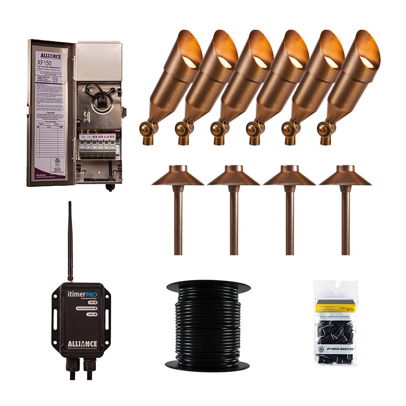Alliance Bluetooth 10 Piece BL200-bt & AL150 LED Landscape Lighting Kit, Brass, itimerPRO (AL-BT-10-KIT-WIRE) - Lighting Disty - ALLIANCE-BT-10-KIT-WIRE