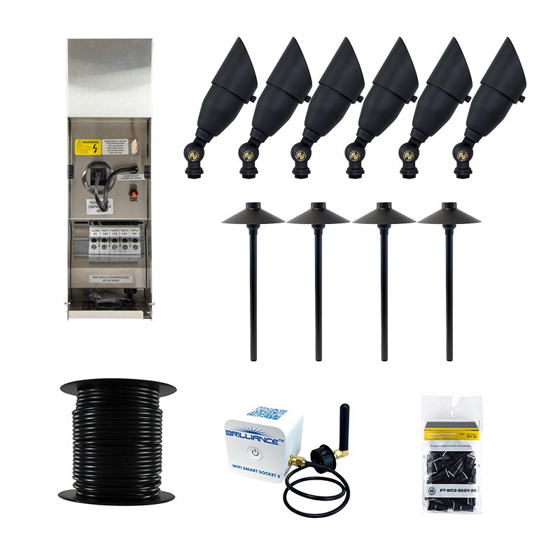 Brilliance Black Diamond 10 Piece LED Landscape Lighting Kit, Black Brass Finish, Wi-Fi Smart Socket, 100' 12 Wire Reel, & 20 Wire Connectors (BRI-KIT-10) - Lighting Disty - BRI-KIT-10