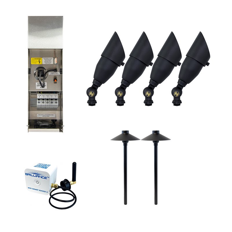 Brilliance Black Diamond 6 Piece LED Landscape Lighting Kit, Black Brass Finish, Wi-Fi Smart Socket (BRI-KIT-6) - Lighting Disty - BRI-KIT-6