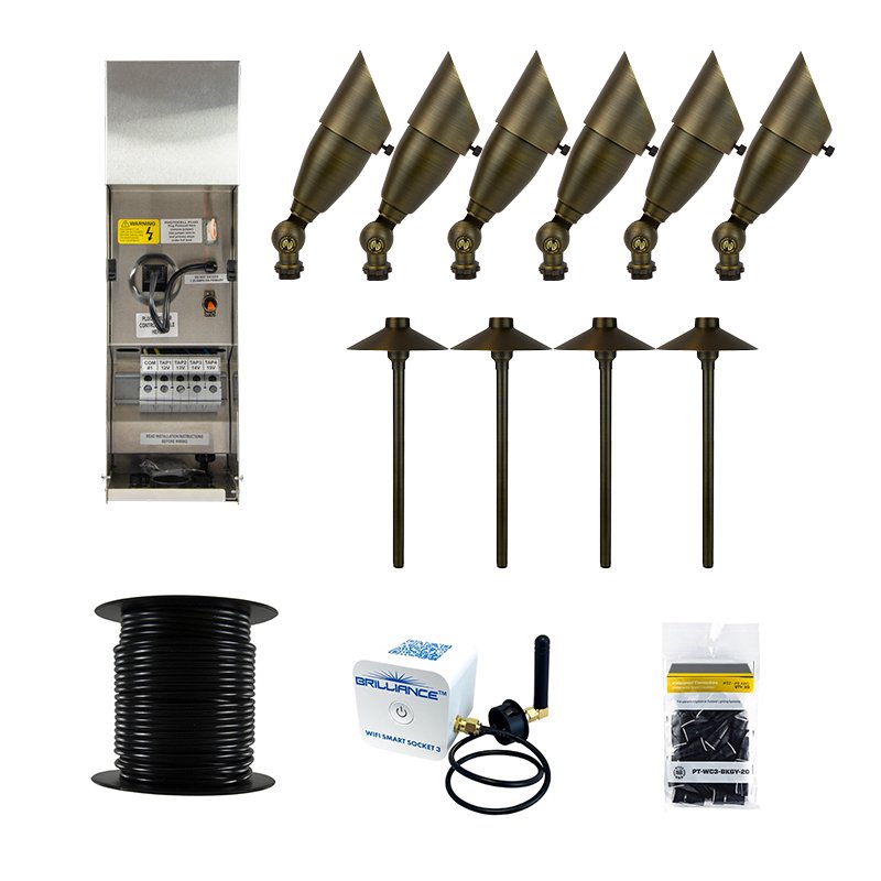 Brilliance Bronze Diamond 10 Piece LED Landscape Lighting Kit, Bronze Brass Finish, Wi-Fi Smart Socket, 100' 12 Wire Reel, & 20 Wire Connectors (BRI-KIT-BZ-10) - Lighting Disty - BRI-KIT-BZ-10