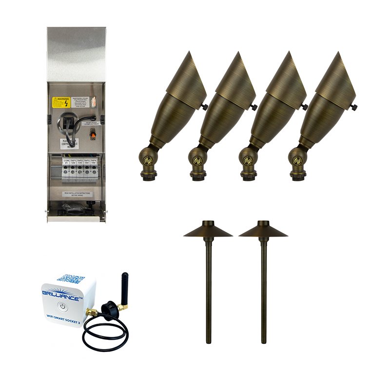 Brilliance Bronze Diamond 6 Piece LED Landscape Lighting Kit, Black Brass Finish, Wi-Fi Smart Socket (BRI-KIT-BZ-6) - Lighting Disty - BRI-KIT-BZ-6