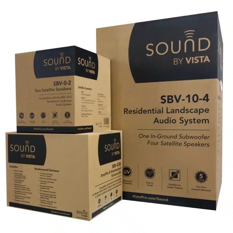 Sound by Vista, Complete Outdoor Audio System, (6) Speakers, (1) Subwoofer, (1) Amplifier, (1) Enclosure, and (1) Mounting Plate (SBV-KIT) - Lighting Disty - SBV-KIT