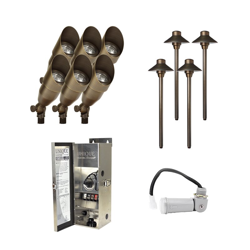 Unique Lighting 10 Piece Intrepid & Lancer LED Landscape Lighting Kit, Brass Finish, Photocell (UNIQUE-10-KIT-PC) - Lighting Disty - UNIQUE-10-KIT-PC
