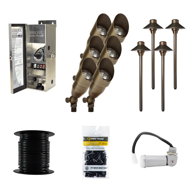 Unique Lighting 10 Piece Intrepid & Lancer LED Landscape Lighting Kit, Brass Finish, Photocell (UNIQUE-10-KIT-PC-WIRE) - Lighting Disty - UNIQUE-10-KIT-PC-WIRE