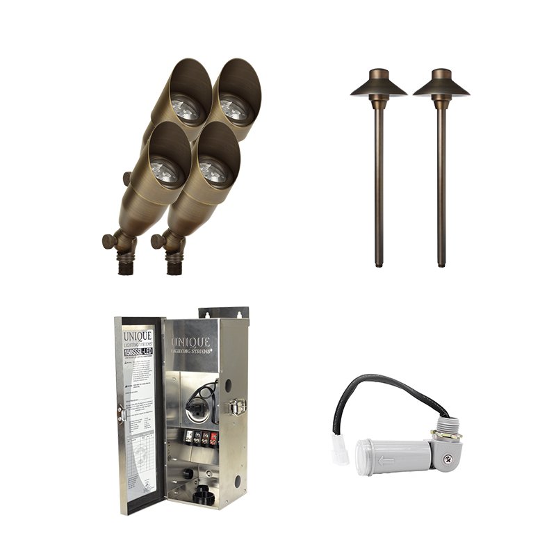 Unique Lighting 6 Piece Intrepid & Lancer LED Landscape Lighting Kit, Brass Finish, Photocell (UNIQUE-6-KIT-PC) - Lighting Disty - UNIQUE-6-KIT-PC