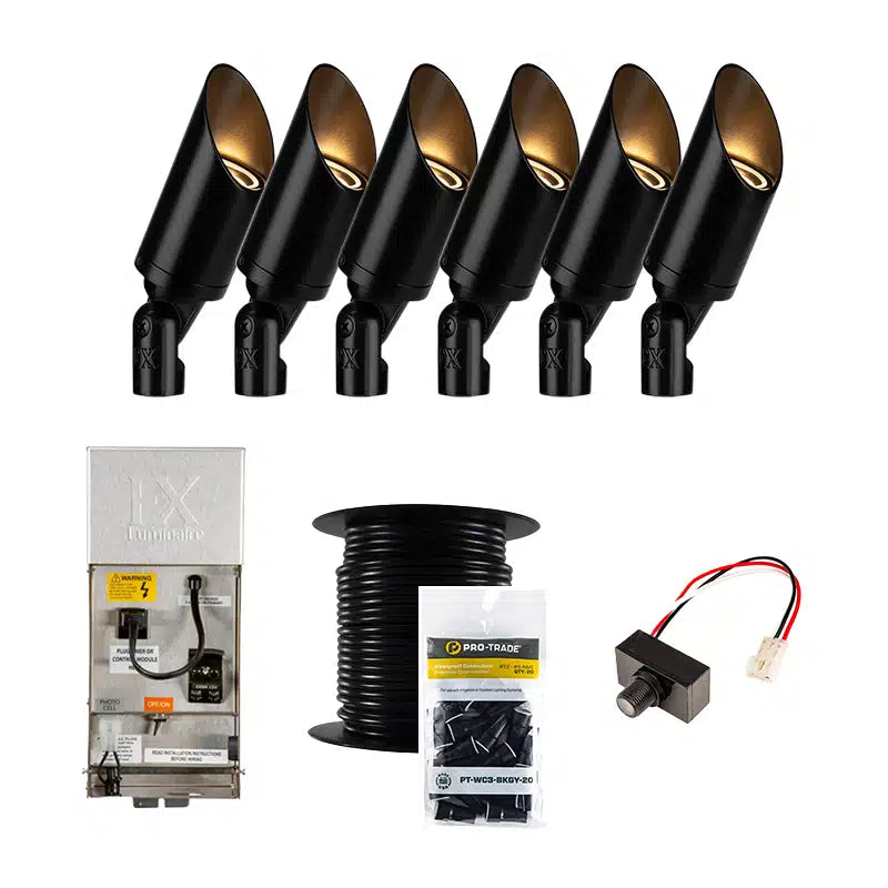 FX Luminaire Cora 6 Piece CA-51 Landscape Lighting Accent Up Light Kit, Black Finish, Photocell (FX-6-KIT-CA-PC-WIRE)