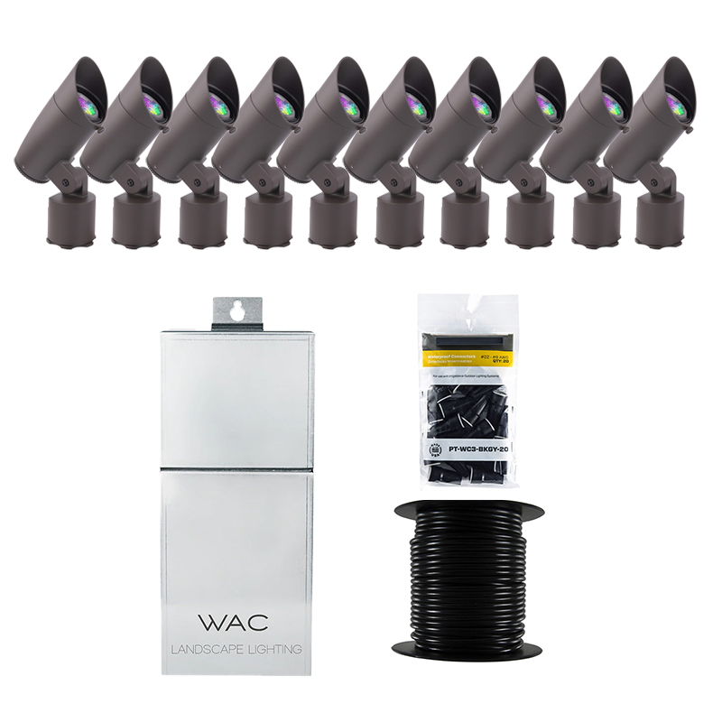 WAC Lighting 10 Piece Accent Colorscaping RGBTW Smart Lighting Kit, Bronze Aluminum, Bluetooth/Wi-Fi Control, 100' 12/2 Wire Reel, &amp; 20 Wire Connectors (WAC-RGBTW-KIT10-C)