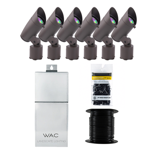WAC Lighting 6 Piece Accent Colorscaping RGBTW Smart Lighting Kit, Bronze Aluminum, Bluetooth/Wi-Fi Control, 100' 12/2 Wire Reel, &amp; 20 Wire Connectors (WAC-RGBTW-KIT6-B)