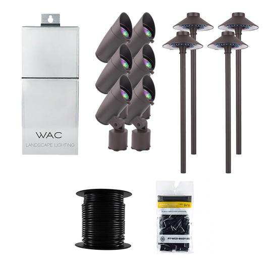 WAC Lighting 10 Piece Accent/Tiki Path Colorscaping RGBTW Smart Lighting Kit, Bronze Aluminum, Bluetooth/Wi-Fi Control, 100' 12/2 Wire Reel, &amp; 20 Wire Connectors (WAC-RGBTW-KIT10-A)